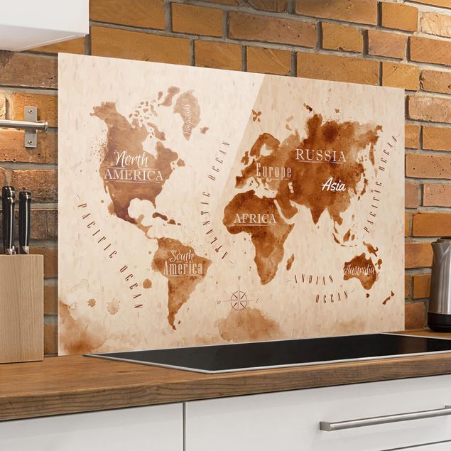 Küche Dekoration Weltkarte Aquarell beige braun