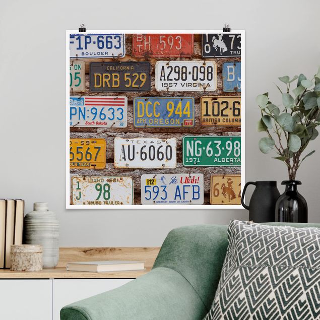 Wandbilder Autos Amerikanische Nummernschilder auf Holz