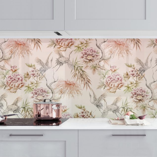 Küche Dekoration Aquarell Vögel mit großen Blüten in Ombre