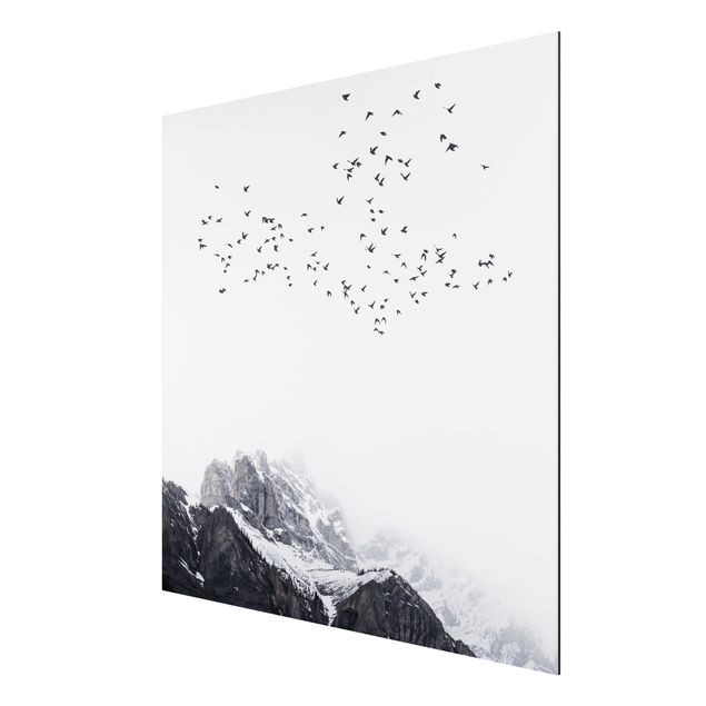 Wandbilder Landschaften Vogelschwarm vor Bergen Schwarz Weiß