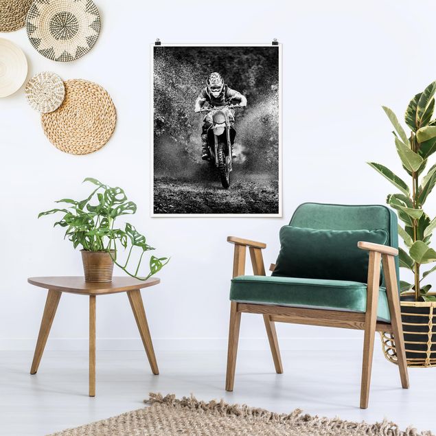 Poster schwarz-weiß Motocross im Schlamm