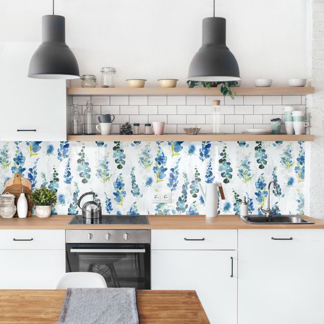 Spritzschutz Küche Glas Blumenpracht in Blau