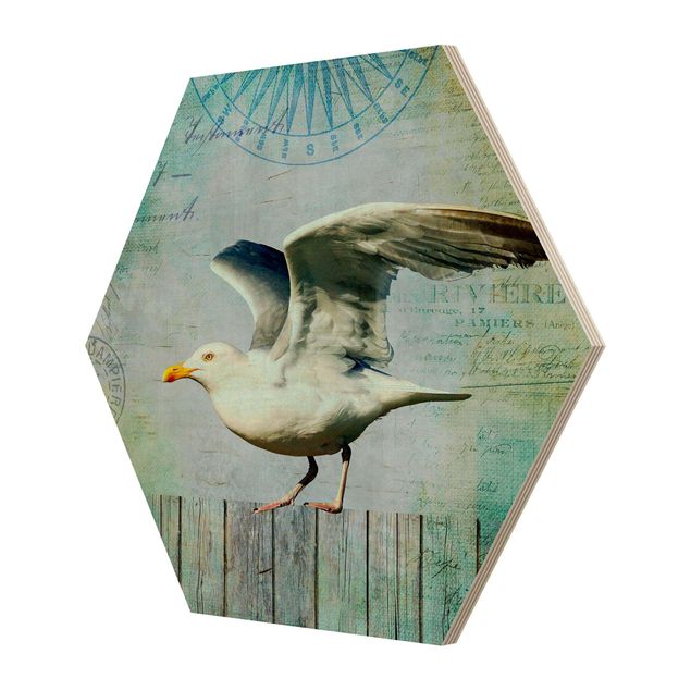 Andrea Haase Bilder Vintage Collage - Seemöwe auf Holzplanken