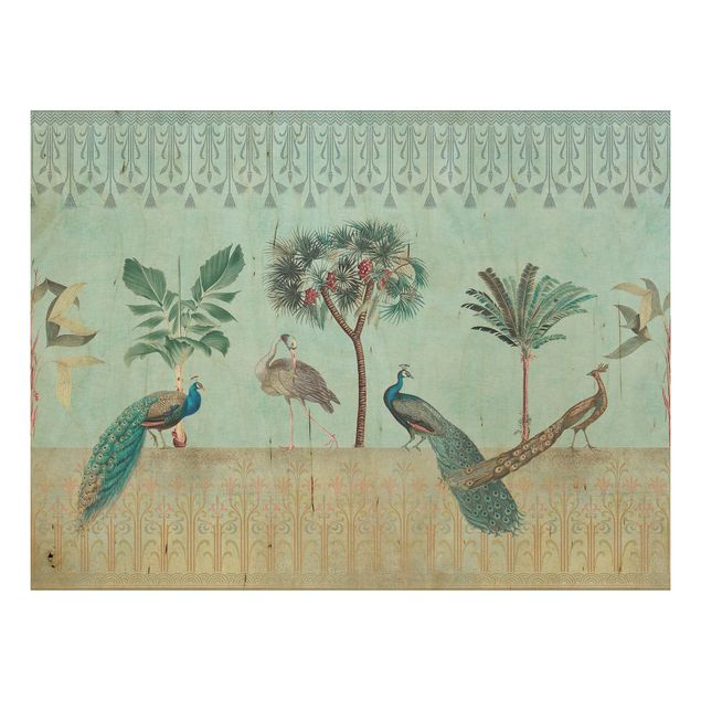 Holzbilder Blumen Vintage Collage - Tropische Vögel mit Palmen
