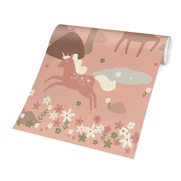 Tier Tapeten Einhörner im rosa Wald