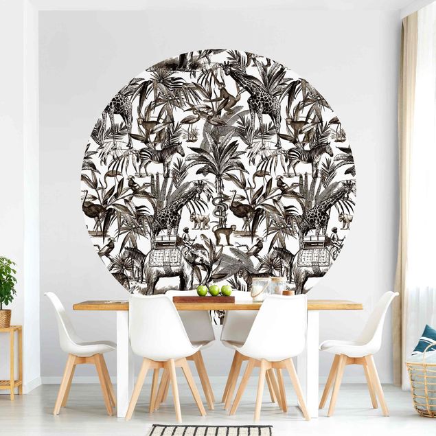 Küche Dekoration Elefanten Giraffen Zebras und Tiger Schwarz-Weiß mit Braunton