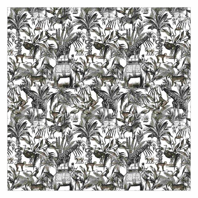 Muster Tapete Elefanten Giraffen Zebras und Tiger Schwarz-Weiß mit Braunton