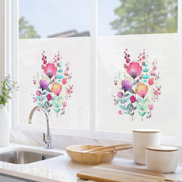 Fensterfolie - Sichtschutz - Esther Meinl - Farbenfrohe Aquarell Blumen -  Fensterbilder