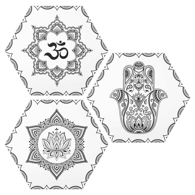 Wandbilder Spirituell Hamsa Hand Lotus OM Illustration Set Schwarz Weiß