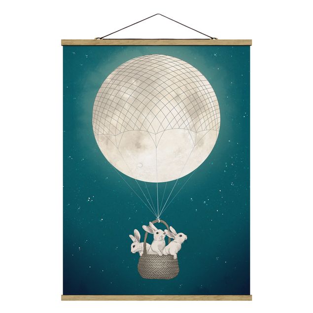 Wandbilder Tiere Illustration Hasen Mond-Heißluftballon Sternenhimmel