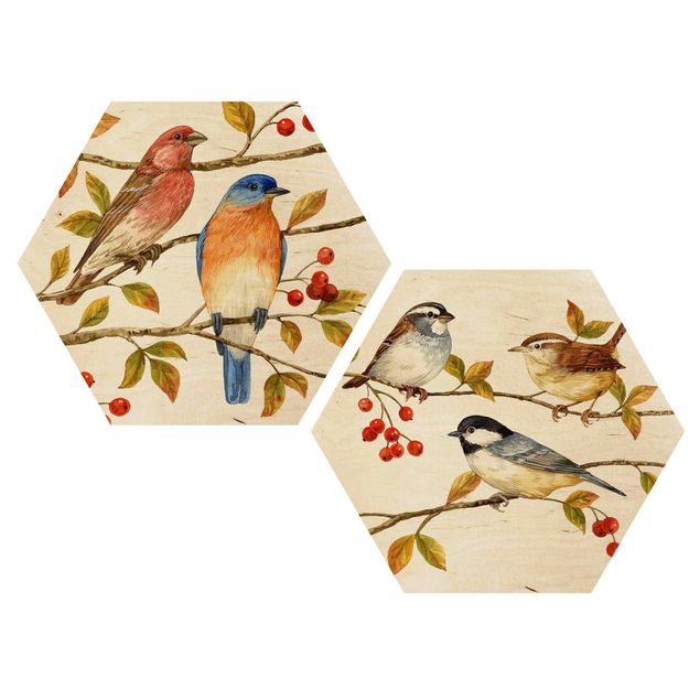 Wandbild Holz Vögel und Beeren Set I