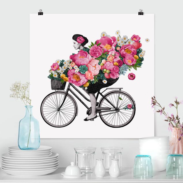 Poster mit Blumen Illustration Frau auf Fahrrad Collage bunte Blumen