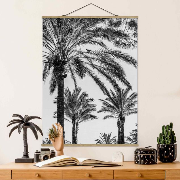 Wanddeko Küche Palmen im Sonnenuntergang Schwarz-Weiß