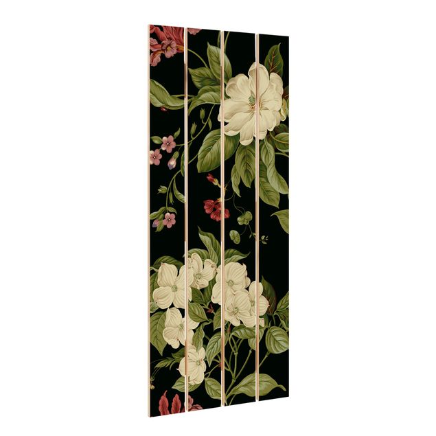 Wandbild Holz Gartenblumen auf Schwarz I