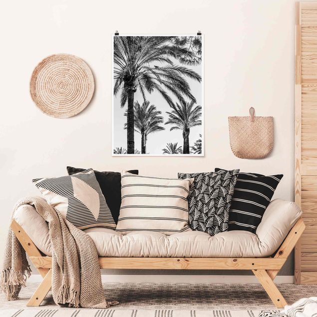 Poster schwarz-weiß Palmen im Sonnenuntergang Schwarz-Weiß