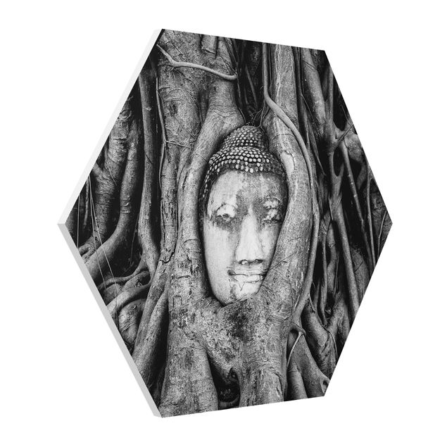 Wandbilder Spirituell Buddha in Ayutthaya von Baumwurzeln gesäumt in Schwarzweiß