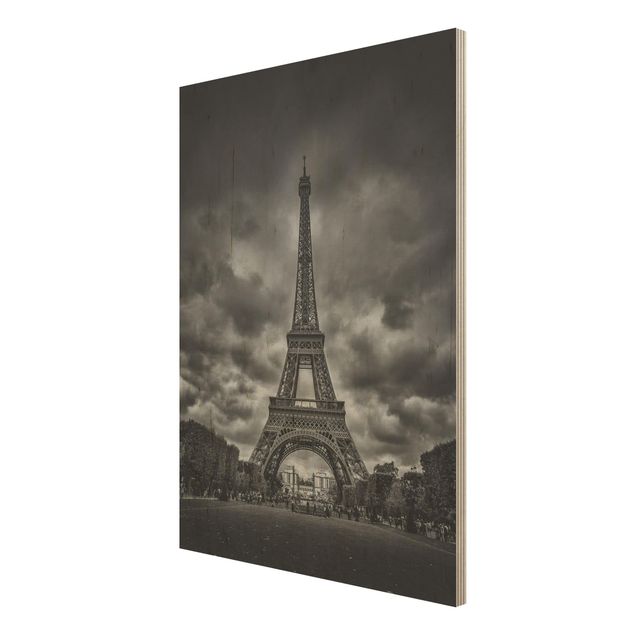 Holzbilder Eiffelturm vor Wolken schwarz-weiß