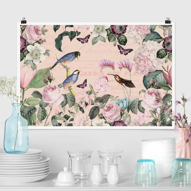 Wanddeko Küche Vintage Collage - Rosen und Vögel