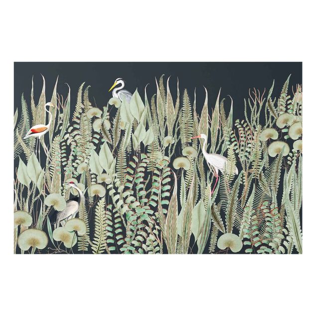 Spritzschutz Glas - Flamingo und Storch mit Pflanzen auf Grün - Querformat 3:2