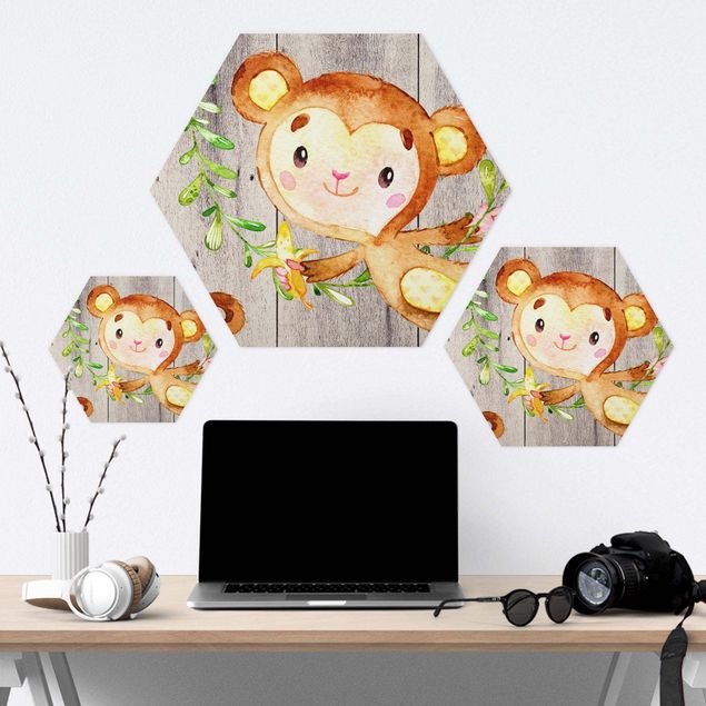 Hexagon Bilder Aquarell Affe auf Holz