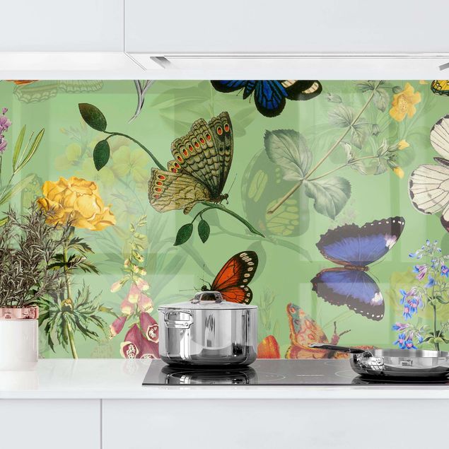 Küche Dekoration Schmetterlinge mit Blumen auf Grün