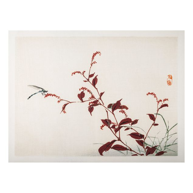 Wandbilder Floral Asiatische Vintage Zeichnung Roter Zweig mit Libelle