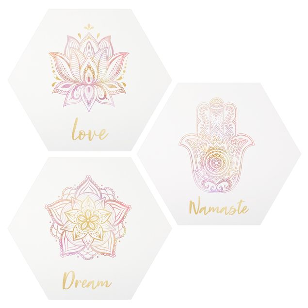 Wandbilder Spirituell Mandala Namaste Lotus Set Gold Rosa