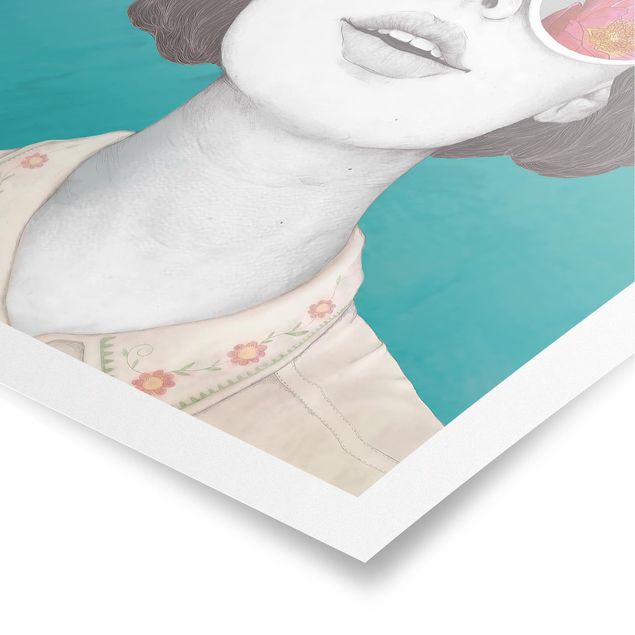 Wandbilder Bunt Illustration Portrait Frau Collage mit Blumen Brille