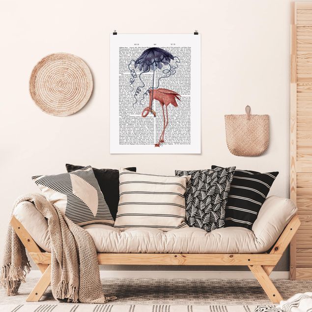 Poster Tiere Tierlektüre - Flamingo mit Regenschirm