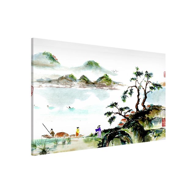 Wanddeko Küche Japanische Aquarell Zeichnung See und Berge