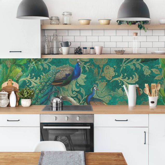 Glasrückwand Küche Shabby Chic Collage - Edler Pfau II