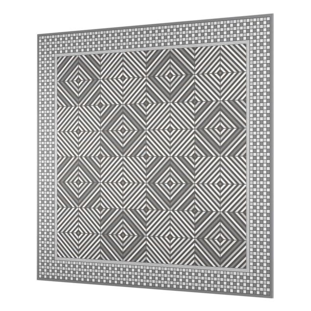 Spritzschutz Glas - Geometrische Fliesen Strudel Grau mit Mosaikrahmen - Quadrat 1:1