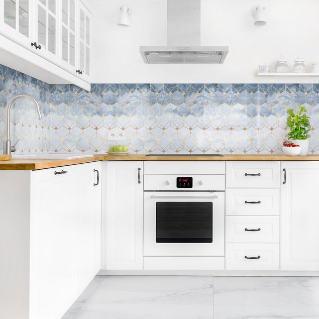 Glasrückwand Küche Blaue Geometrie goldenes Art Deco II