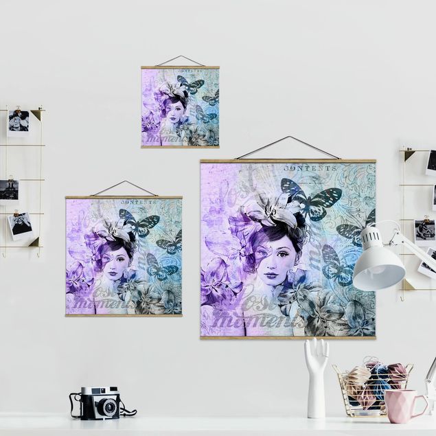 Wandbilder Lila Shabby Chic Collage - Portrait mit Schmetterlingen