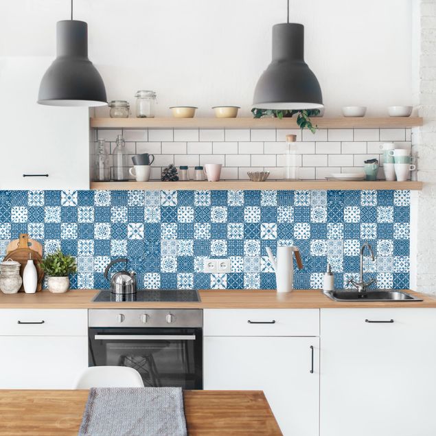 Glasrückwand Küche Fliesen Mustermix Blau Weiß