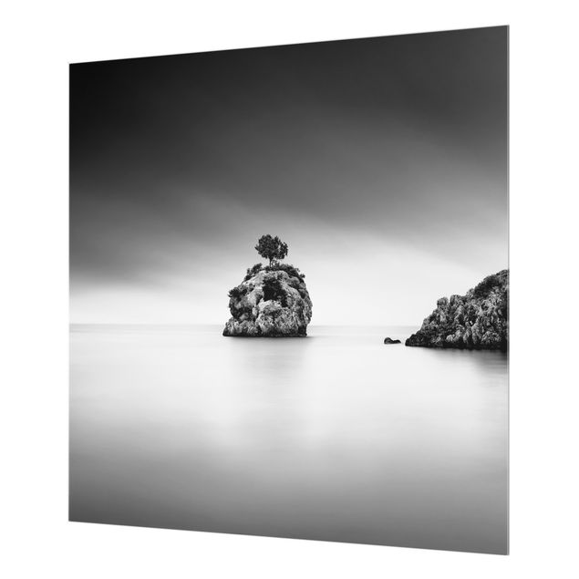 Spritzschutz Glas - Felseninsel im Meer Schwarz-Weiß - Quadrat 1:1