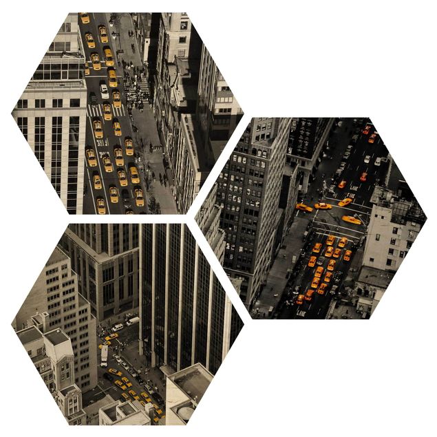 Hexagon Bild Holz 3-teilig - New York Taxis
