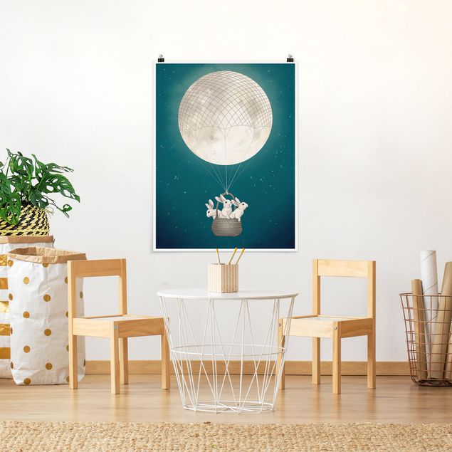 Poster Tiere Illustration Hasen Mond-Heißluftballon Sternenhimmel