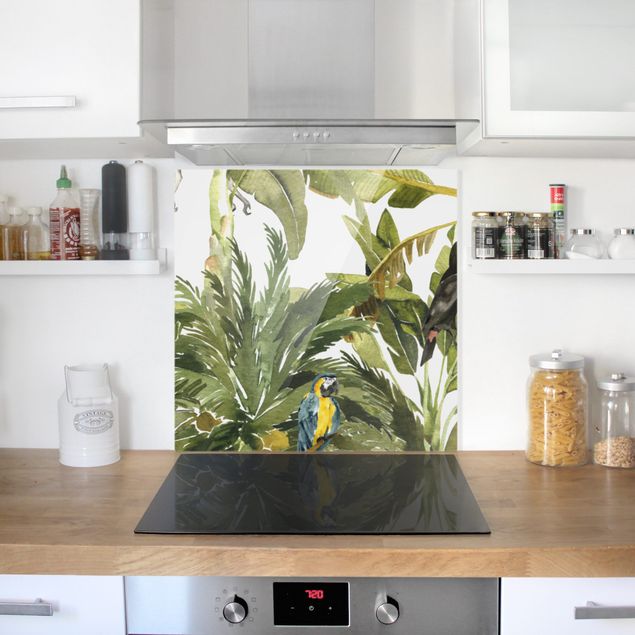 Glasrückwand Küche Blumen Aquarell Bananenpalme und Leopard Muster