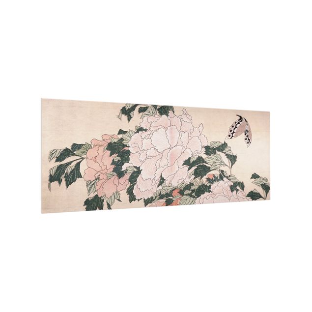 Glasrückwand Küche Blumen Katsushika Hokusai - Rosa Pfingstrosen mit Schmetterling