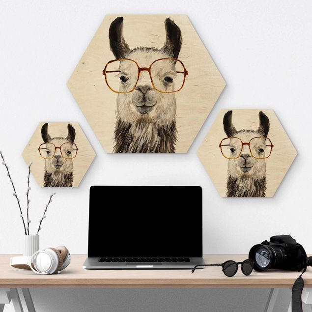 Hexagon Bild Holz - Hippes Lama mit Brille IV