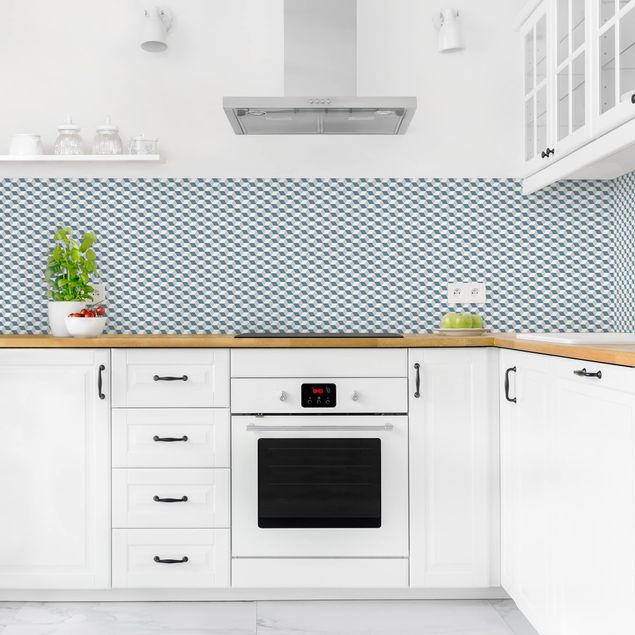 Küchenrückwände Fliesenoptik Geometrischer Fliesenmix Würfel Blaugrau