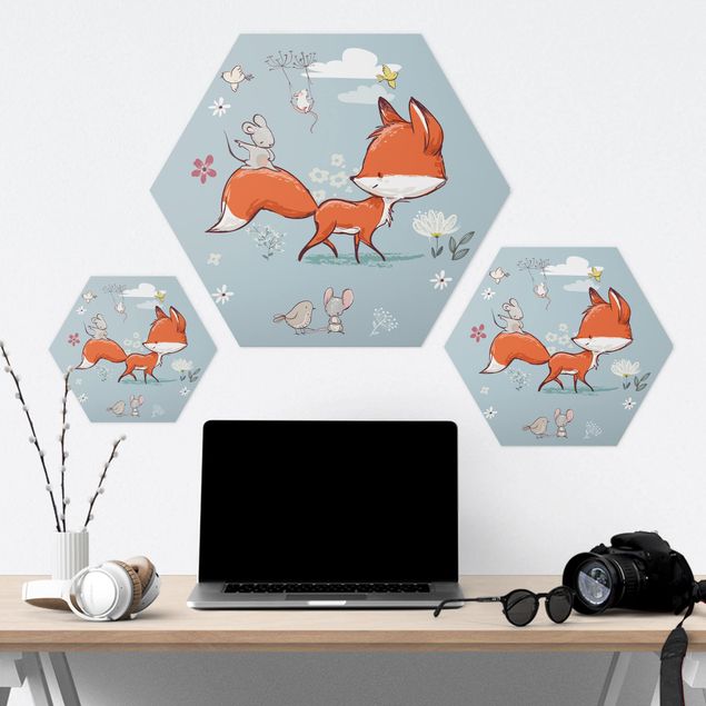 Bilder Hexagon Fuchs und Maus auf Wanderschaft