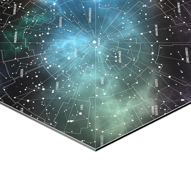 Hexagon Bild Alu-Dibond - Sternbilder Karte Galaxienebel