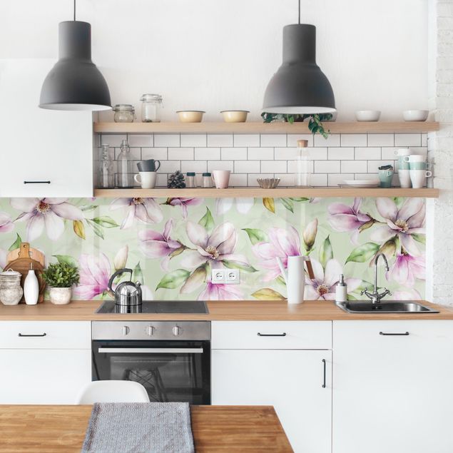 Glasrückwand Küche Magnolien Illustration auf Mint