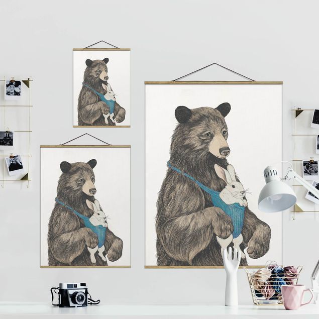 Wandbilder Braun Illustration Bär und Hase Baby