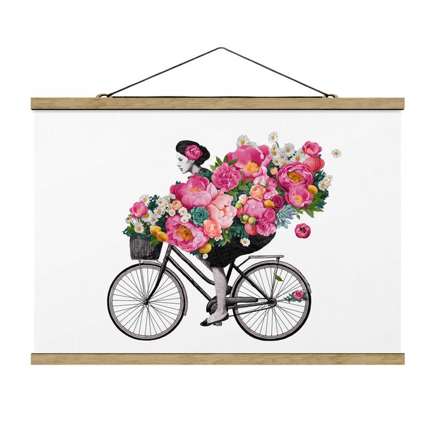 Wandbilder Kunstdrucke Illustration Frau auf Fahrrad Collage bunte Blumen