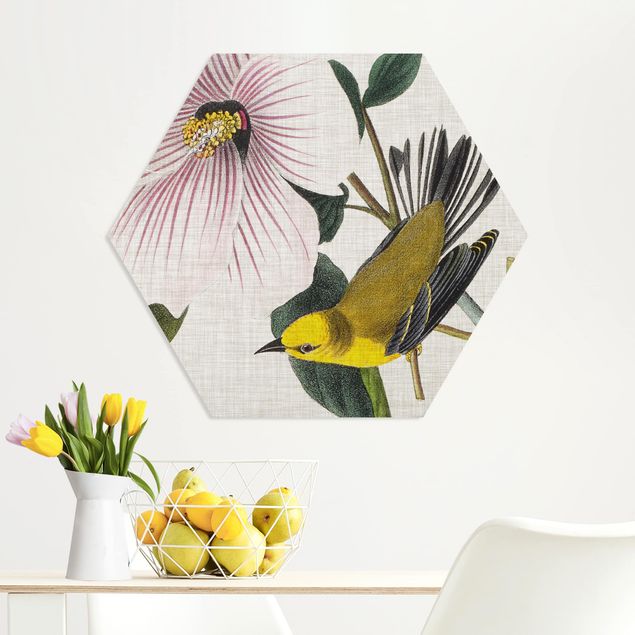 Wandbilder Floral Vogel auf Leinen Gelb I