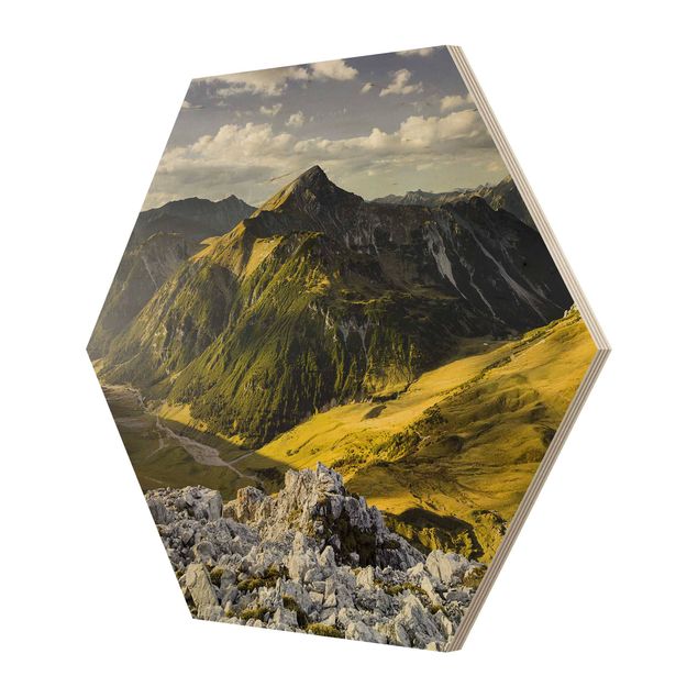 Hexagon Bild Holz - Berge und Tal der Lechtaler Alpen in Tirol