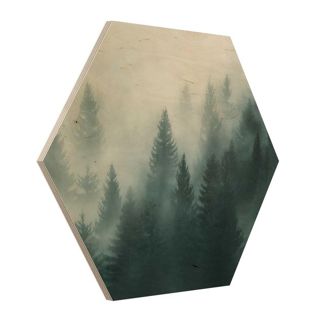 Holzbilder Nadelwald im Nebel